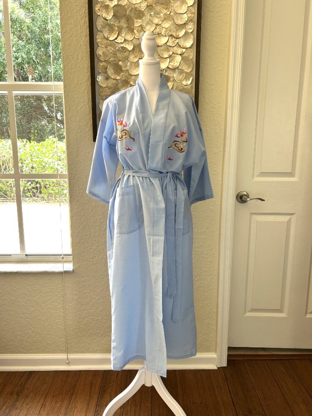 NWOT Baby Blue Embroidered Red Dragon Robe.